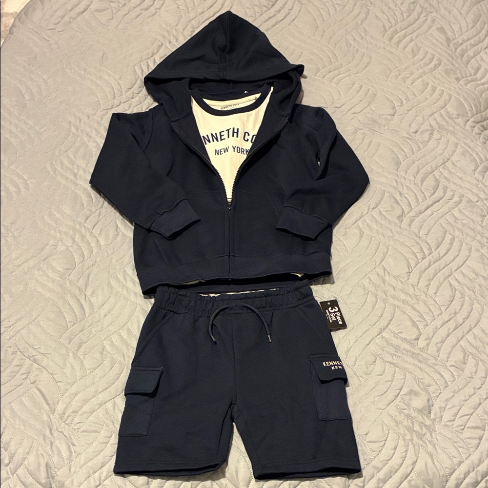 Kenneth Cole Kids Dark Blue Hoodie, Light Blue Sleeve Shirt and shorts. - Picture 9 of 9